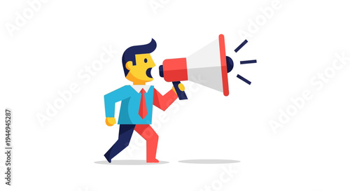 Dynamic business professional character loudly announcing a message with a megaphone, ideal for marketing, advertising, and communication concepts in flat design