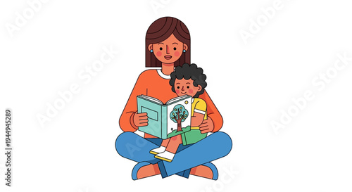 Illustration of a mother reading a book to her child, fostering a love for learning and imagination