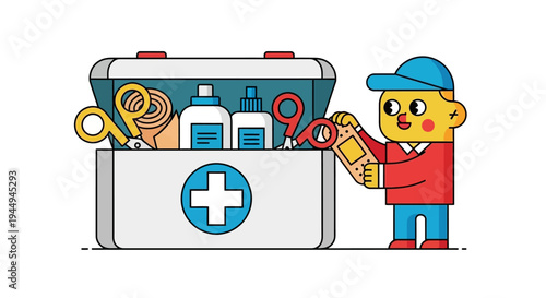 Comprehensive Medical First Aid Kit Illustration with Cartoon Character for Emergency Preparedness, Health Readiness, and Safety Solutions