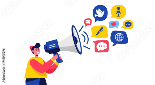 Spreading vital messages and engaging diverse audiences through a megaphone, symbolizing effective public communication and digital marketing outreach