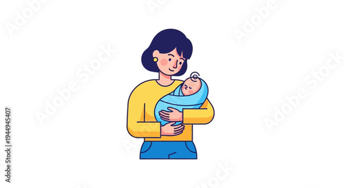 Tender moment loving mother gently cradling her newborn baby in a heartwarming illustration of maternal bond and family love