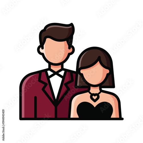 Cartoon illustration of a man and woman couple featuring redjacket, blacktop strapless top, bowtie, necklace, plain background graphic perspective