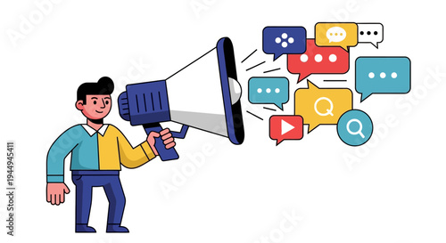 Digital communication strategy featuring a person using a megaphone to broadcast diverse social media messages and engage with an audience