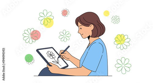 Female illustrator drawing on tablet with flowers in soft colors. Vector Illustrations. EPS Editable