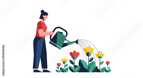 Female gardener waters colorful blooming flowers in a sunny garden. Vector Illustrations. EPS Editable