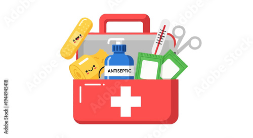 First Aid Kit Contents Antiseptic, Bandages, Thermometer, Gauze, Scissors, and Tape for Medical Emergencies and Preparedness