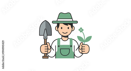 Friendly Gardener With Shovel Planting Outdoors. Vector Illustrations. EPS Editable