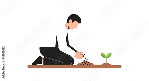 Gardener Kneeling Planting Seedling in Soil for Growth Representation. Vector Illustrations. EPS Editable