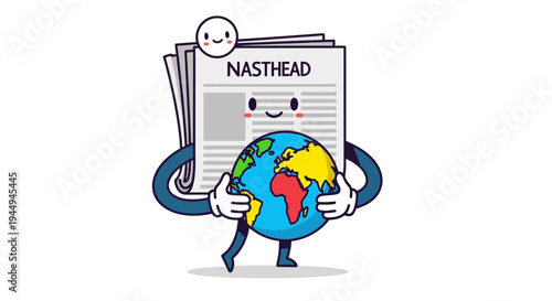 Newspaper character holding the Earth with a smile, representing global news and information dissemination
