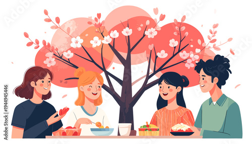 Friends and family enjoying outdoor meal together under a blooming tree. Vector Illustrations. EPS Editable