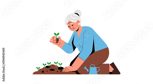Gardener Planting Seedling in Fresh Soil Illustration. Vector Illustrations. EPS Editable