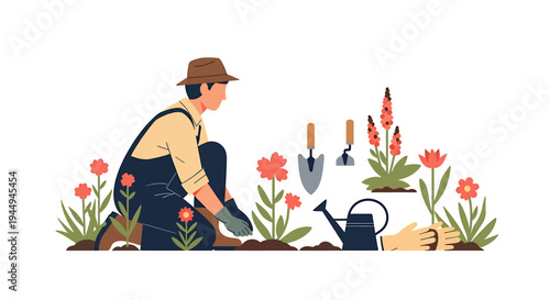 Gardener Plants Flowers in a Small Outdoor Garden Bed. Vector Illustrations. EPS Editable