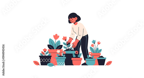 Gardener Tending Colorful Potted Plants In Garden. Vector Illustrations. EPS Editable
