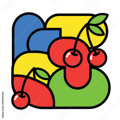 Playful Abstract Cherry Design with Bright Bold Lines, Whimsical Shapes, Colorful Leaves and Composition on White Background – Front View of Graphic