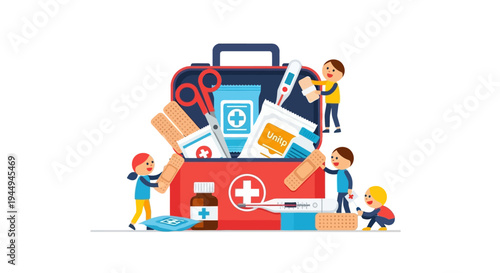 Small team of people demonstrating essential first aid kit assembly and medical supply organization for health preparedness