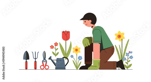 Gardening Scene with Tools and Blossoms Outdoors. Vector Illustrations. EPS Editable