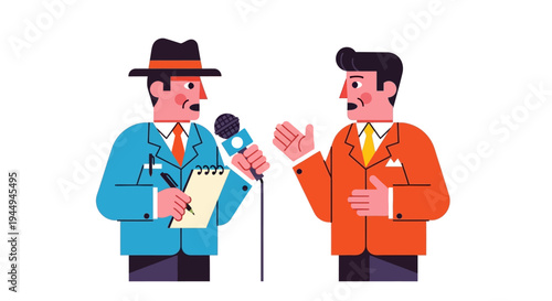 Professional journalist conducting an important media interview with a speaker or executive for news coverage, illustrated in a modern flat design style