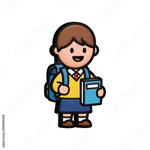 Cheerful cartoon schoolgirl smiling with backpack and books, captured from front view in a plain white background illustration