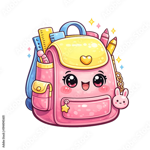 kawaii pink backpack with school supplies, adorable chibi backpack illustration, cute smiling school bag character design, soft pastel pink lavender and mint palette, big sparkling eyes and rosy cheek
