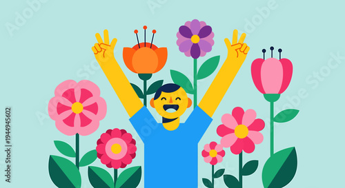 Joyful Person Surrounded by Bright Flowers In Garden Celebration. Vector Illustrations. EPS Editable