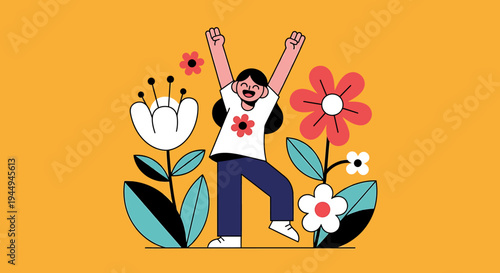Joyful person celebrating among colorful flowers illustration. Vector Illustrations. EPS Editable