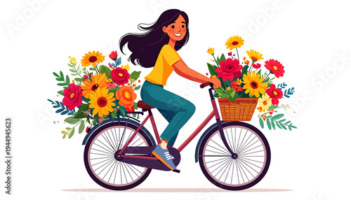 Joyful Woman Cycling on a Colorful Flower Filled Bicycle Basket Adventure. Vector Illustrations. EPS Editable