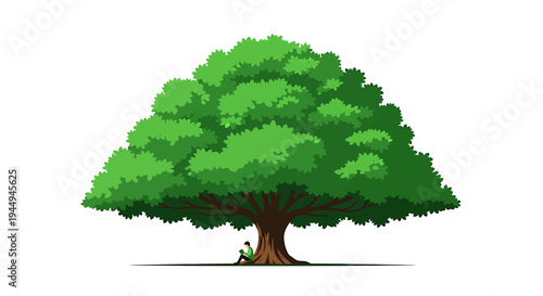 Majestic Green Tree with Dense Foliage and Strong Trunk in Light Morning Sun. Vector Illustrations. EPS Editable