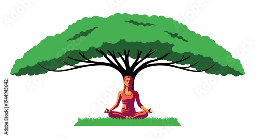 Meditating Under a Large Umbrella Tree in a Serene Natural Setting. Vector Illustrations. EPS Editable