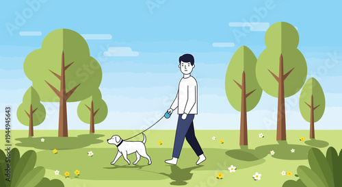 Man Walking a Dog in Sunny Park Outdoor Scene. Vector Illustrations. EPS Editable