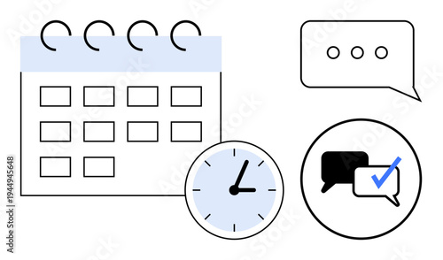 Calendar with daily squares, clock showing specific time, and chat bubbles highlighting task management. Ideal for scheduling, planning, teamwork, time tracking, reminders, communication deadlines