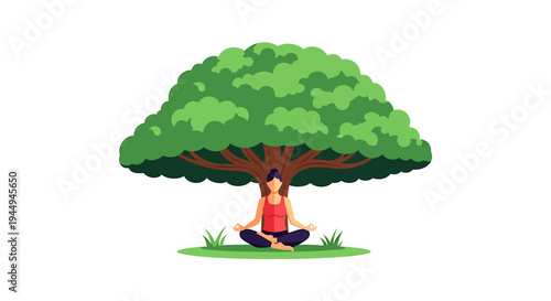 Meditation Under A Large Tree In Nature. Vector Illustrations. EPS Editable