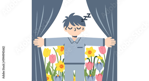 Morning Wake Up Between Curtains Over Garden Flowers. Vector Illustrations. EPS Editable
