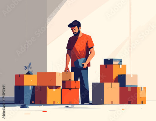 Modern man sorts colorful moving boxes in bright studio. Vector Illustrations. EPS Editable