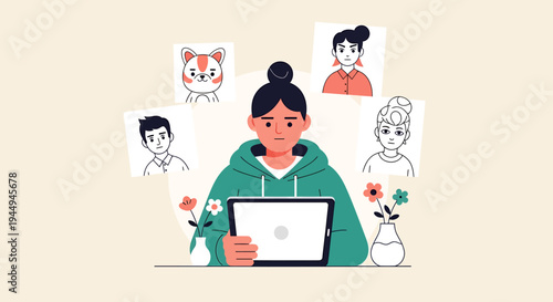 Online Learning Portrait with Laptop and Doodles. Vector Illustrations. EPS Editable