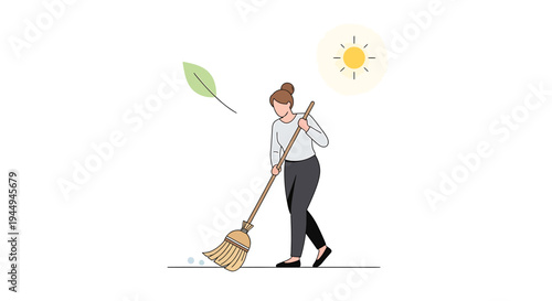 Outdoor Cleaning Activity With Person Sweeping Leaves. Vector Illustrations. EPS Editable