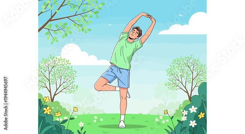 Outdoor Yoga Stretch in Sunny Park Environment. Vector Illustrations. EPS Editable