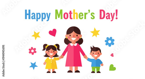 Happy Mother's Day illustration of a mother with her two children celebrating, a heart and stars in the background