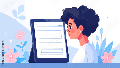 Person Reading Tablet Document in Modern Digital Scene. Vector Illustrations. EPS Editable