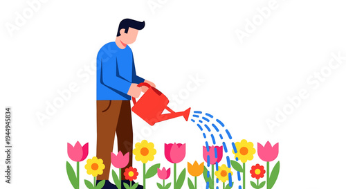 Person Watering Colorful Tulips in Garden. Vector Illustrations. EPS Editable