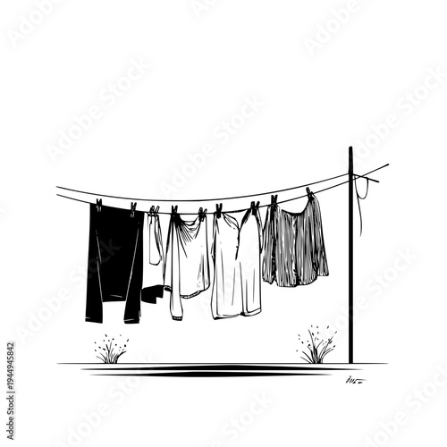 Clothes Hanging on Clothesline in Black and White