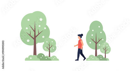 Person Walking Through Quiet Park Among Trees. Vector Illustrations. EPS Editable