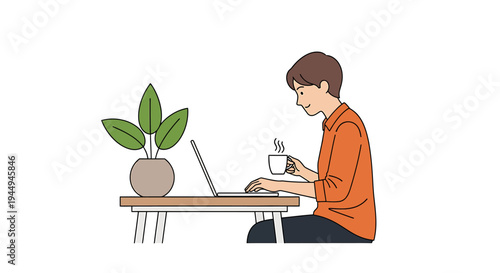 Person Working at Desk with Laptop and Plant in Modern Home Office. Vector Illustrations. EPS Editable