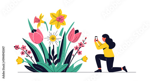 Photographer Captures Vibrant Flowers in a Sunny Garden Scene. Vector Illustrations. EPS Editable