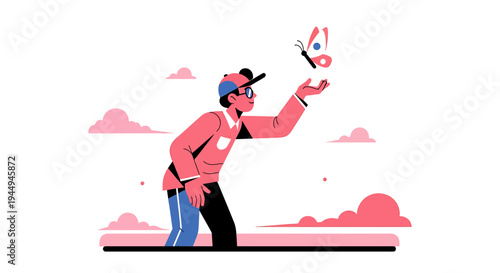 Playful Cartoon Explorer Looking Through Telescope in Sky. Vector Illustrations. EPS Editable