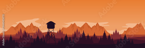 Atmospheric warm red woodland horizon at nightfall for summer camp bonfire invitation design