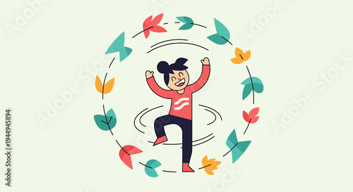 Playful dancer jumping inside a colorful circular leaves frame. Vector Illustrations. EPS Editable