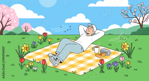 Relaxing Park Picnic Under Sunny Blue Sky. Vector Illustrations. EPS Editable