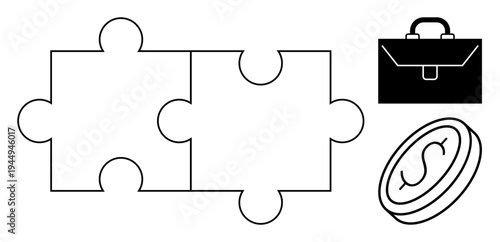 Business strategy, teamwork, financial planning, success, collaboration, profit. Two connected puzzle pieces, a briefcase and a coin icon. Business strategy and teamwork concept