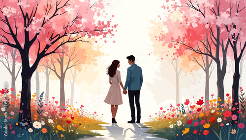 Romantic Couple Walking in Dreamy Sunset Park. Vector Illustrations. EPS Editable