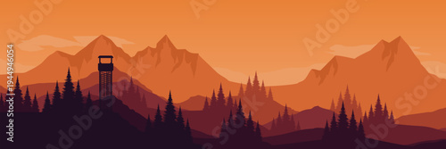 Panoramic dramatic orange sunset mountain landscape with pine tree silhouettes and watchtower